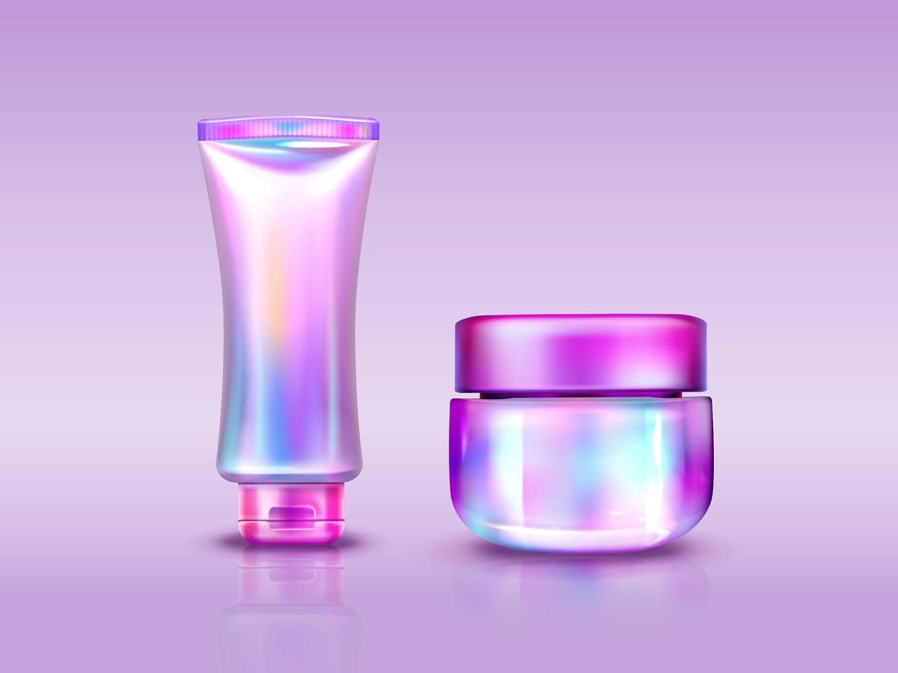 Holographic cosmetics pack iridescent tube and jar vector