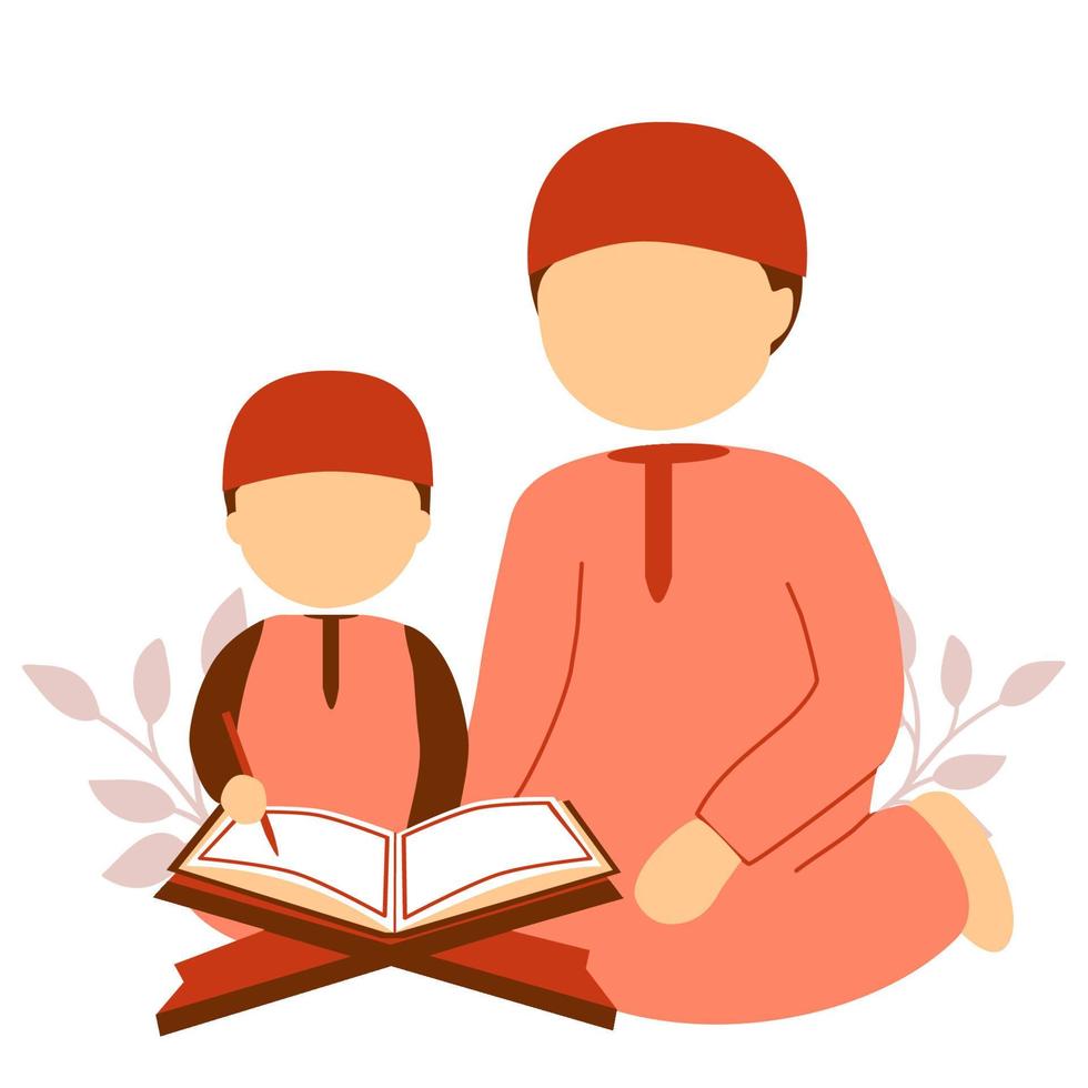 Father teaching son to read holy quran vector