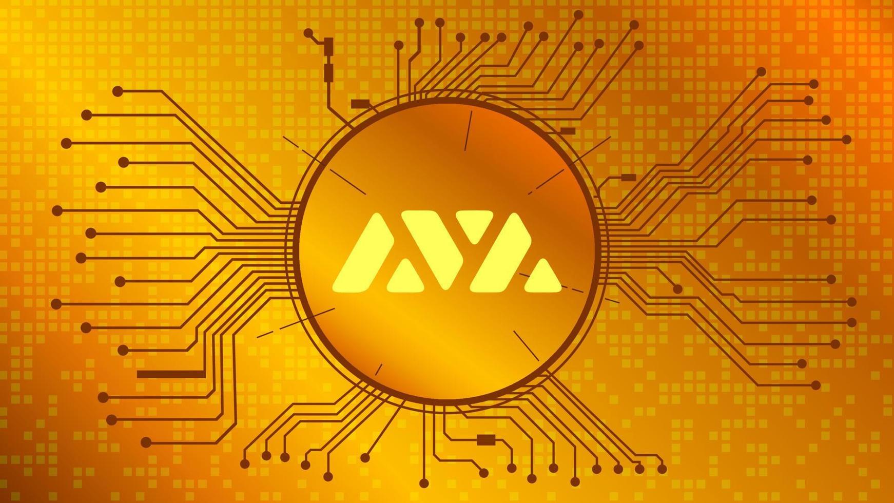 Avalanche AVAX cryptocurrency token symbol of the DeFi project in circle with PCB tracks on gold background. Currency coin icon. Decentralized finance programs. Vector illustration.