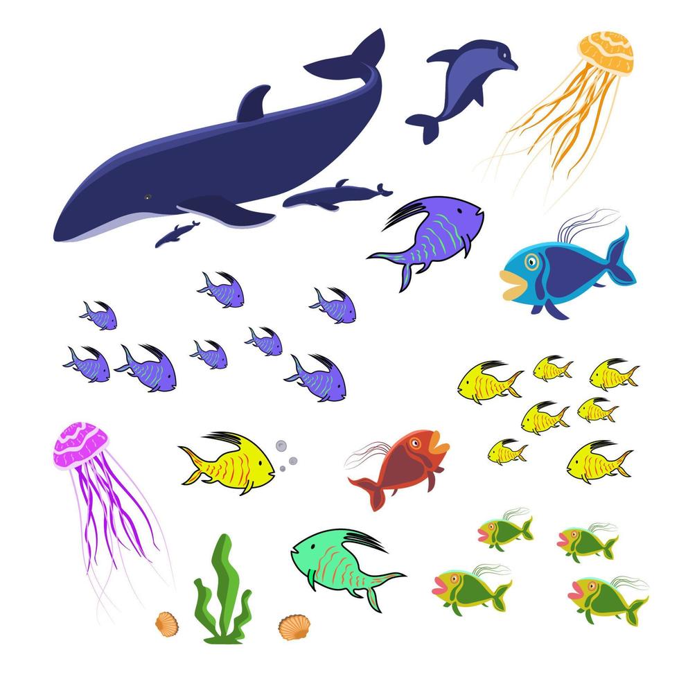 conjunto de animales marinos aislados en blanco. peces de colores, medusas y ballenas. una colección de criaturas marinas para el acuario oceánico. eps10 vectoriales. vector