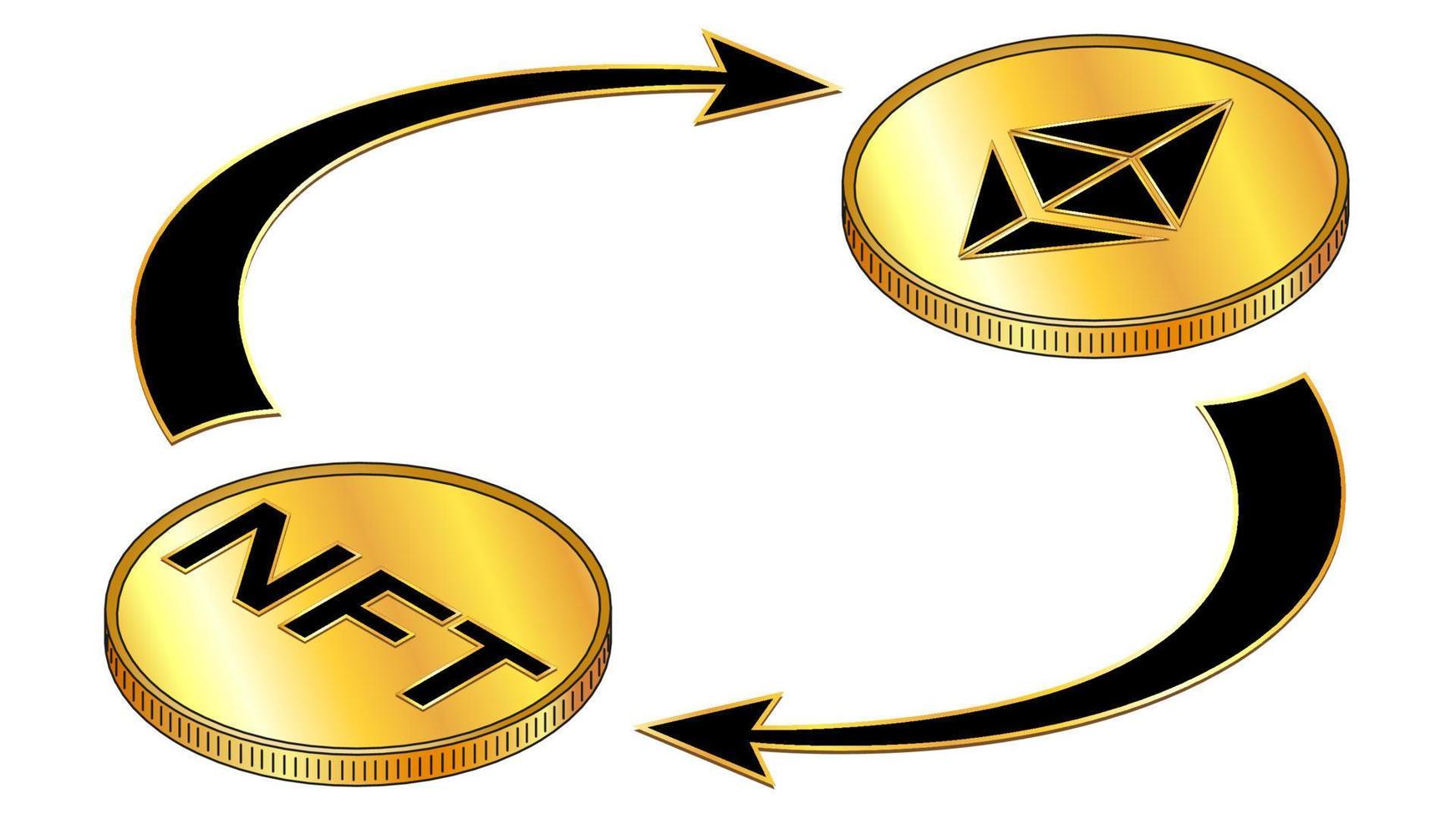 NFT and Ethereum ETH circulation isometric concept with black symbols on gold coins and cyclical arrows isolated on white. Rotation of non fungible tokens and digital money. Vector design element.