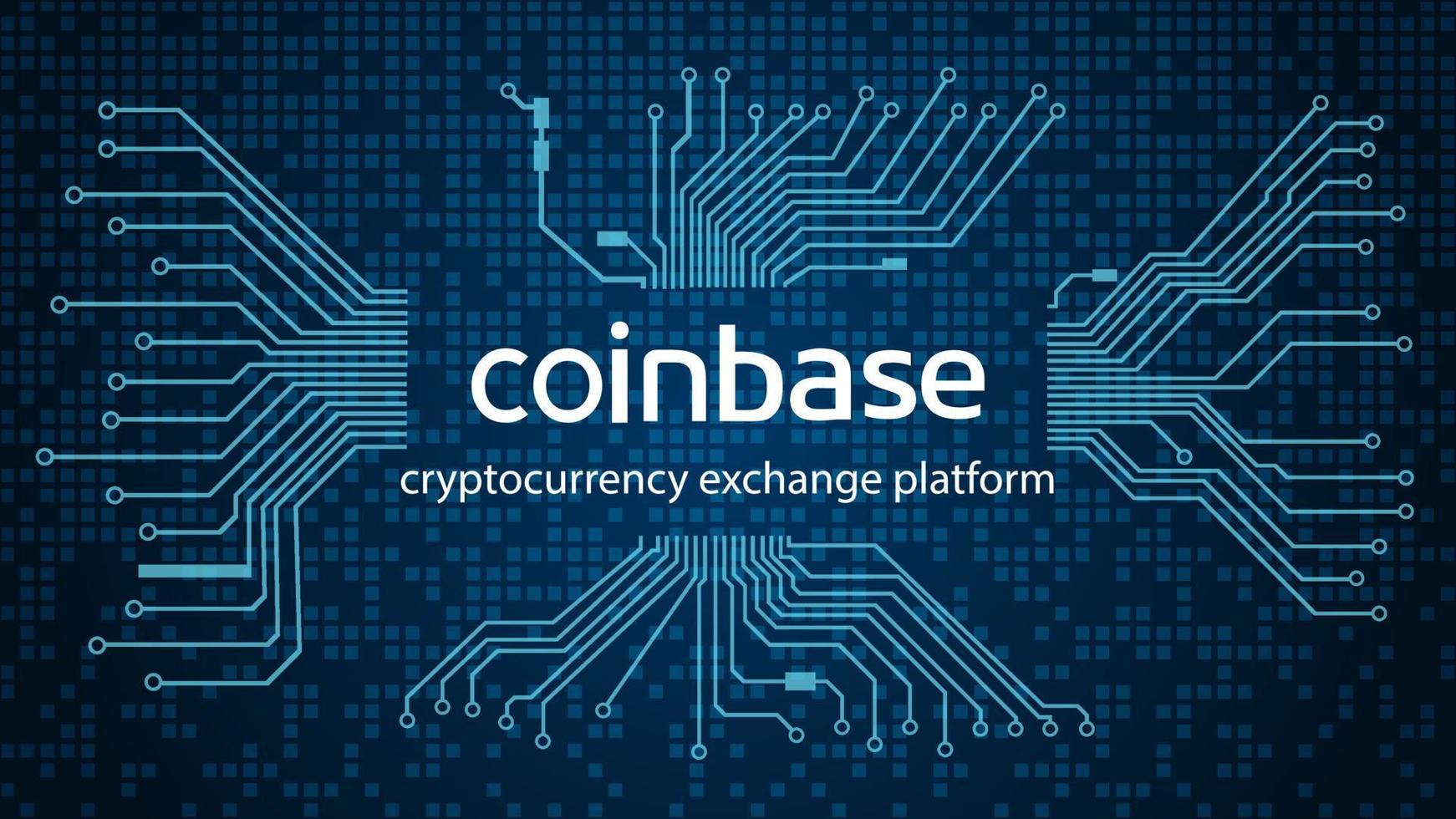 Coinbase cryptocurrency stock market name and printed circuit board on dark blue background. Crypto stock exchange banner for news and media. Vector illustration.