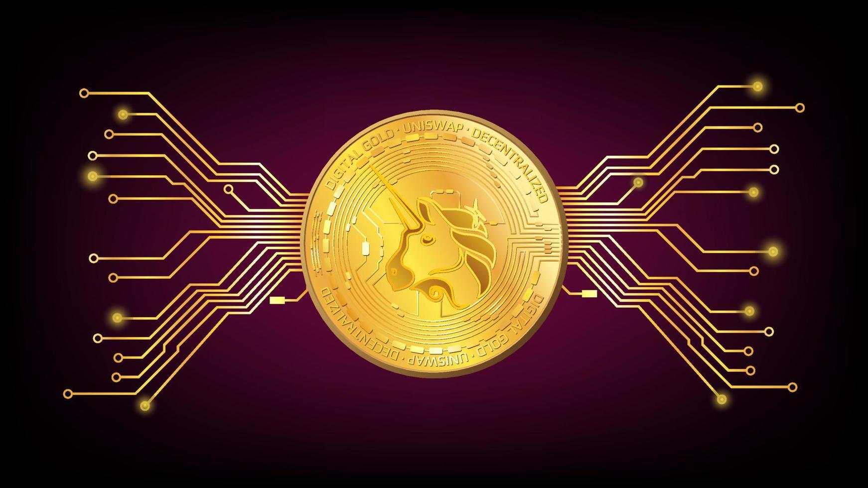 moneda de oro detallada uniswap uni token del sector defi con pistas de pcb sobre fondo rojo oscuro. oro digital en estilo tecno para sitio web o banner. ilustración vectorial vector