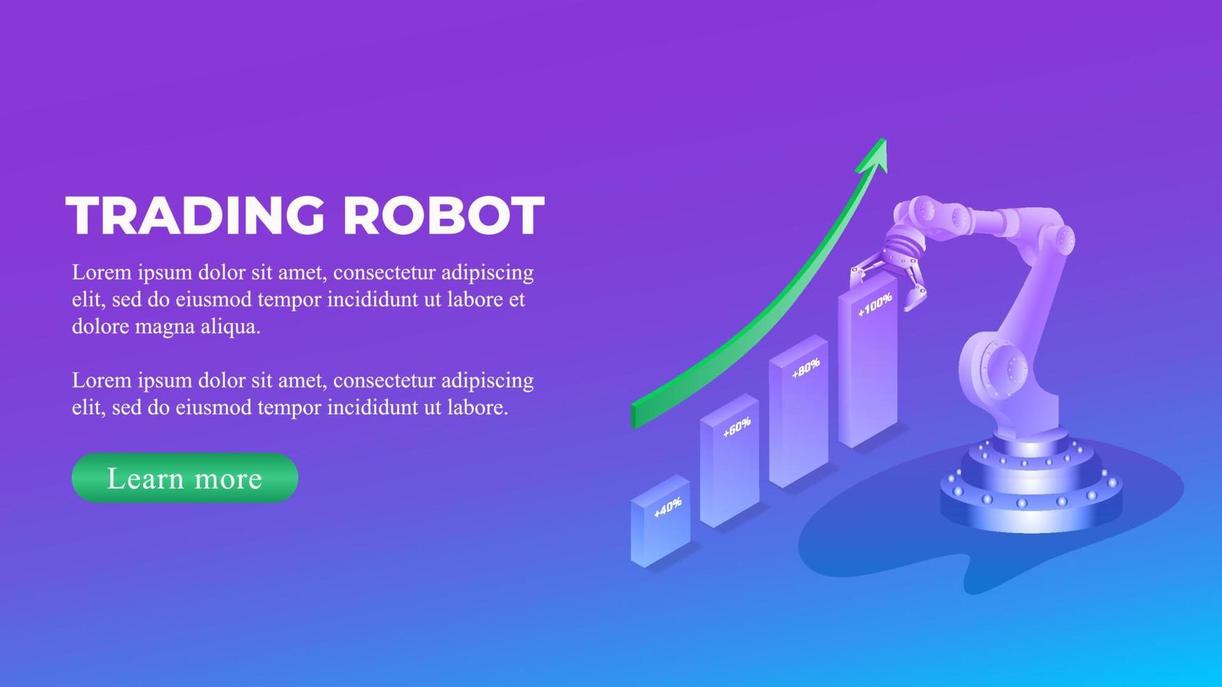 Trading robot isometric concept with chart and upward arrow and copy space. Automatic bot trading banner. Vector illustration.