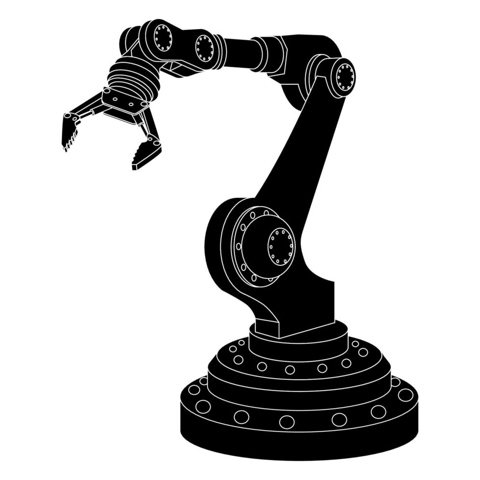 Silhouette mechanical robotic arm with gripper isolated on white. Vector illustration.