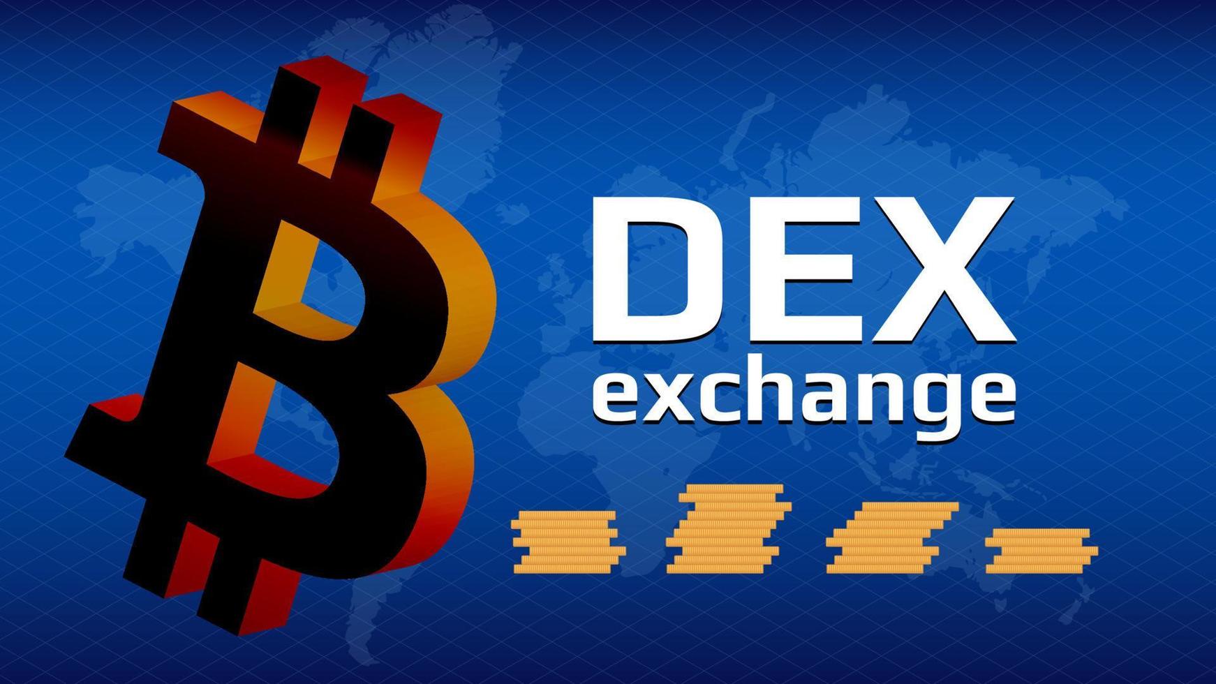 DEX decentralized exchange and bitcoin symbol with the world map on blue background. DEX allows you to exchange cryptocurrencies without the need for an intermediary. vector