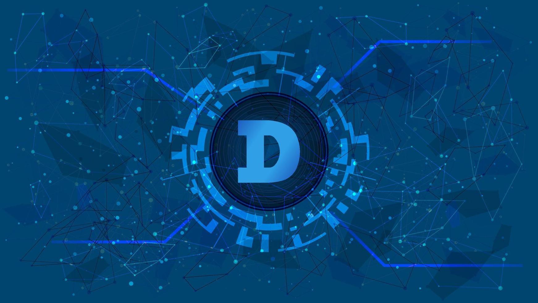 Dogecoin DOGE token symbol in digital circle with cryptocurrency theme on blue background. Cryptocurrency icon for banner or news. Vector illustration.