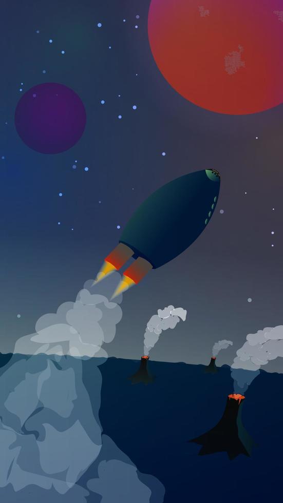 Space landscape with a spaceship flying away from the planet with volcanoes to the red planet. Beautiful smoke from rockets and volcanoes. Starry sky. Space flight. Vertical vector illustration