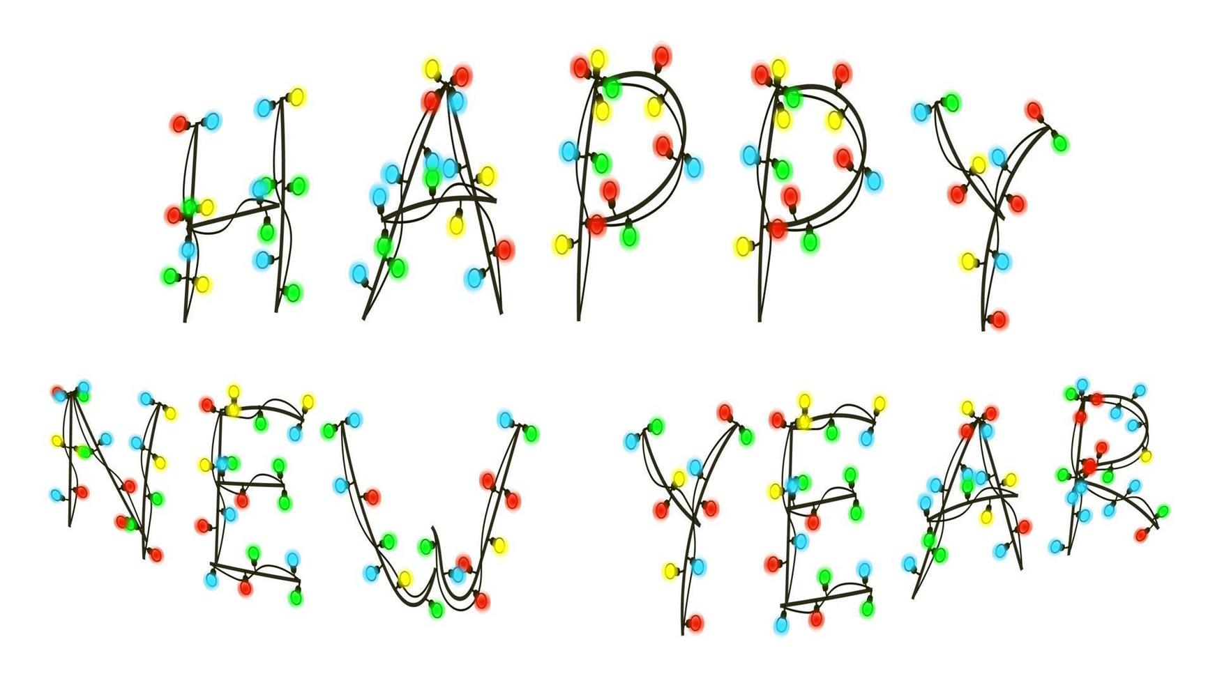 saludo de feliz año nuevo en fuente garland aislada en blanco. tarjeta de felicitación con texto convexo. pasos vectoriales 10. vector