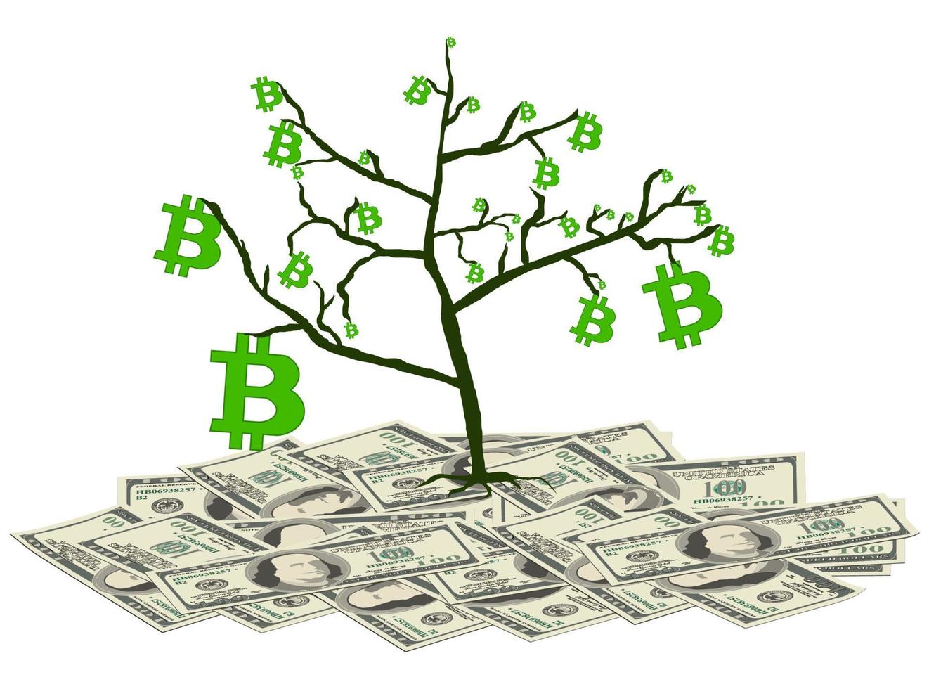 Tree with bitcoins stands on pile of paper dollars isolated on white. Concept of converting dollars into bitcoins. Vector illustration.