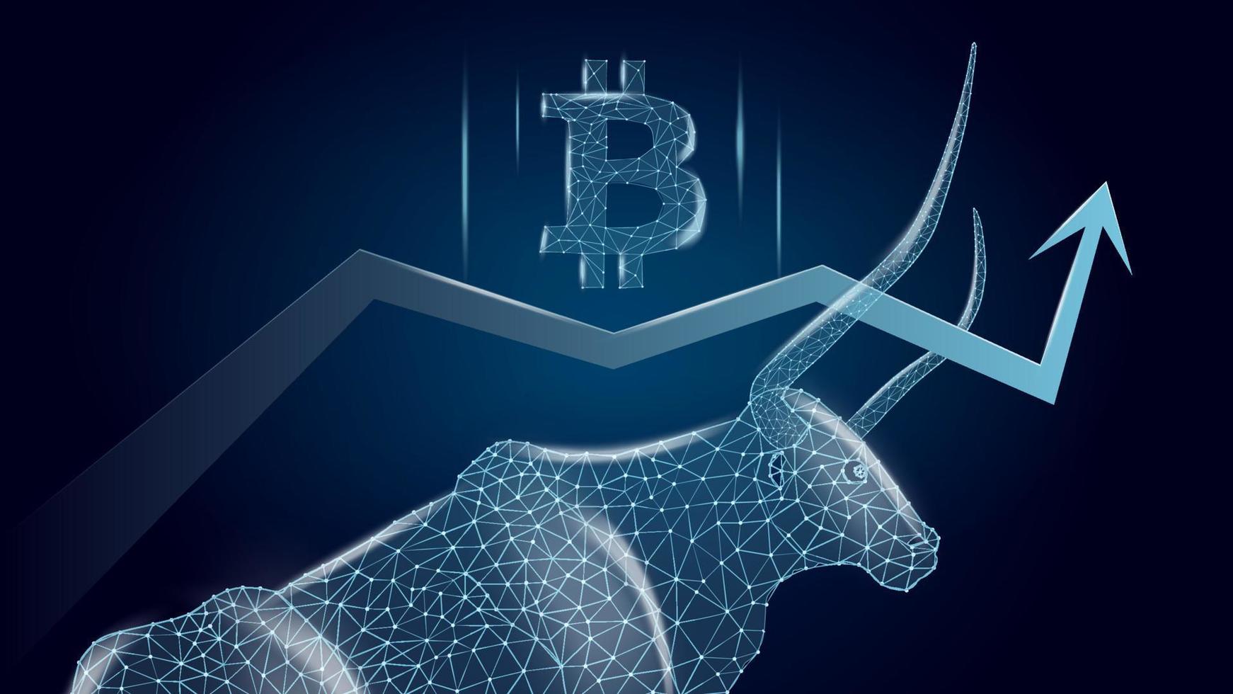 Bullish trend of Bitcoin with a polygonal bull and an upward arrow with BTC symbol on dark blue background. Modern neon vector illustration.