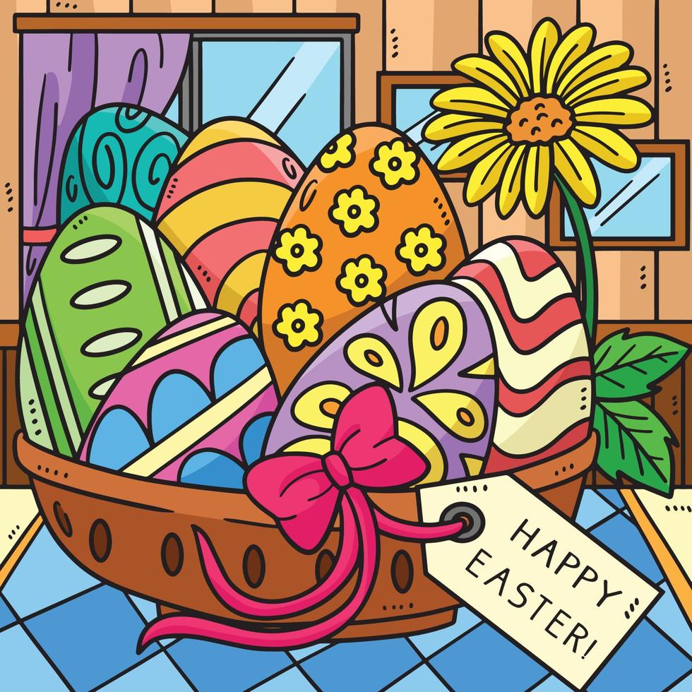 Happy Easter Egg Basket Colored Cartoon vector