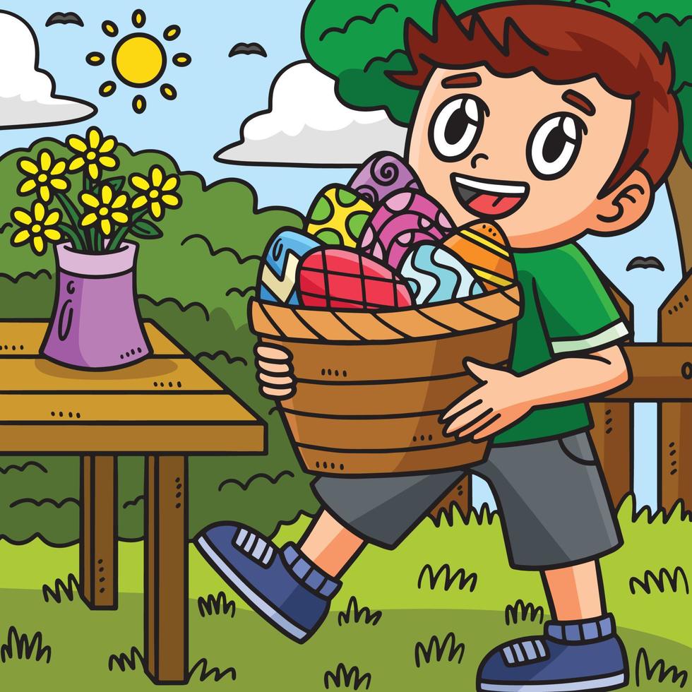 niño cargando canasta de huevos de pascua coloreados vector