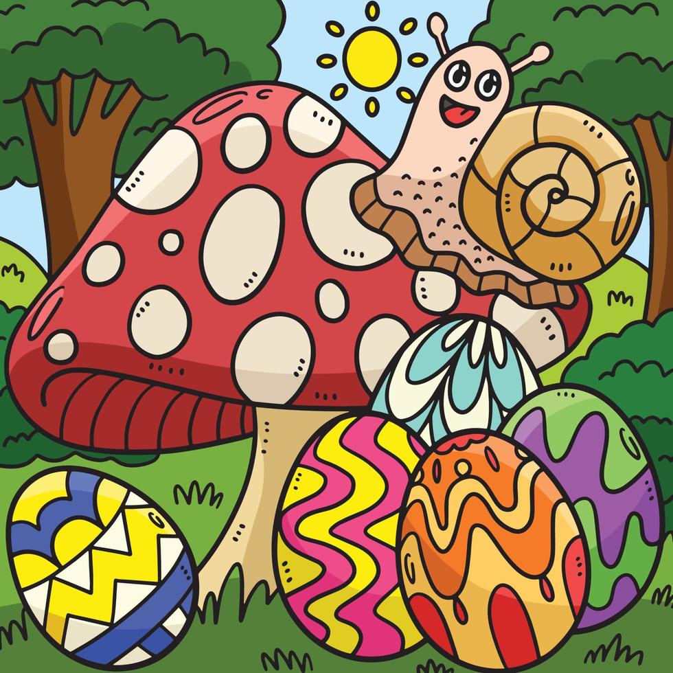 caracol en champiñón con huevos de pascua coloreados vector