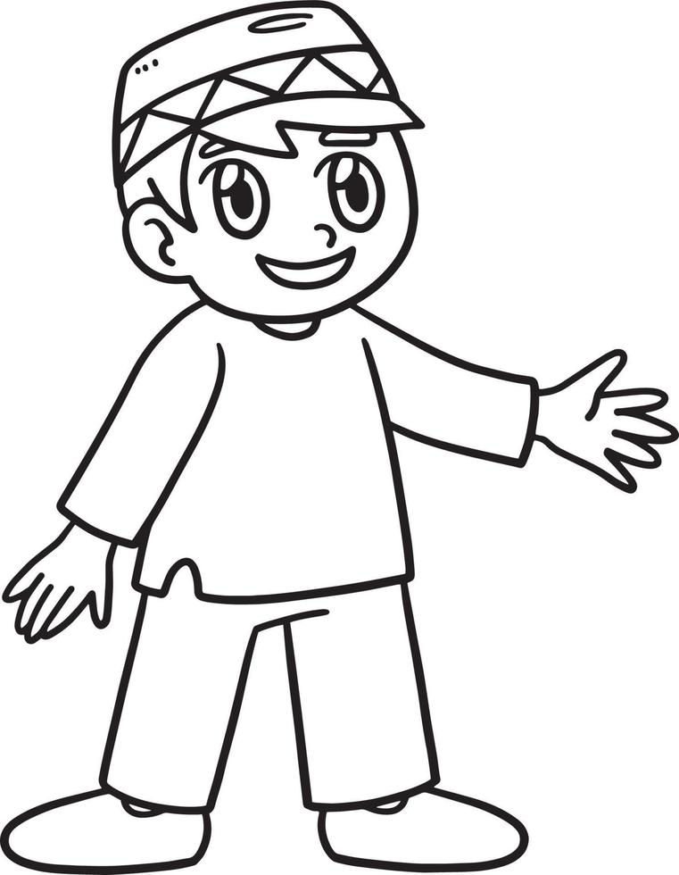 Ramadan Happy Muslim Boy Isolated Coloring Page vector