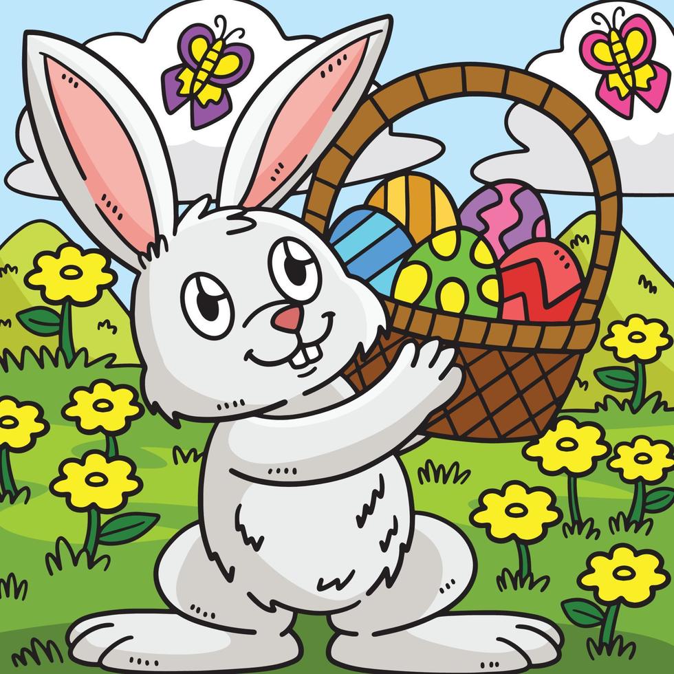 Bunny and Basket of Easter Eggs Colored Cartoon vector