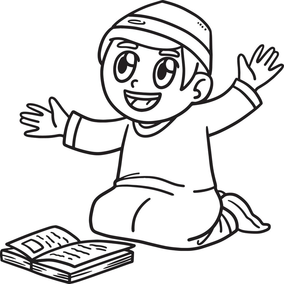 Ramadan Muslim Boy with Quran Isolated Coloring vector