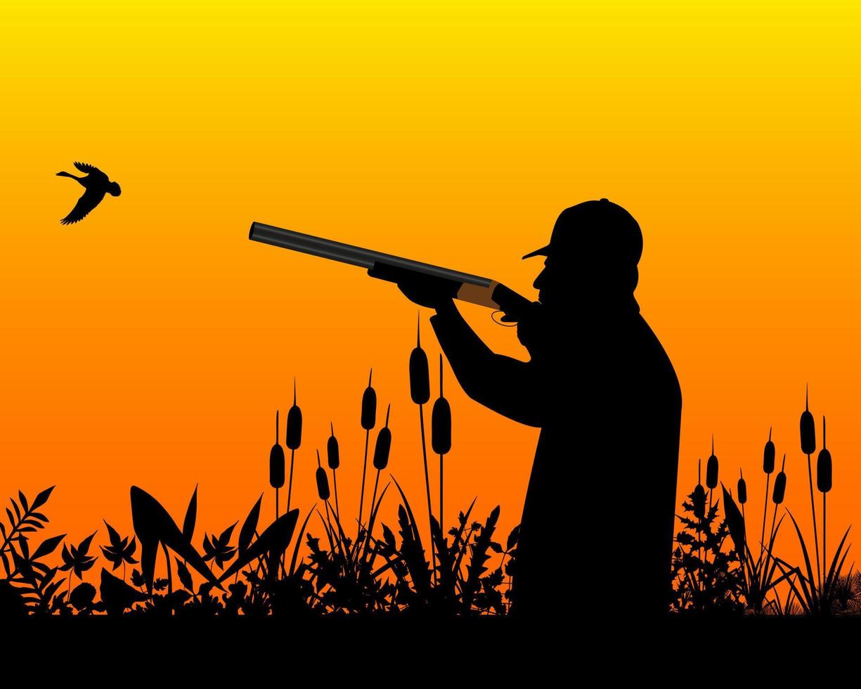 cazador apuntando con una escopeta en un pato salvaje en la hierba y las cañas vector