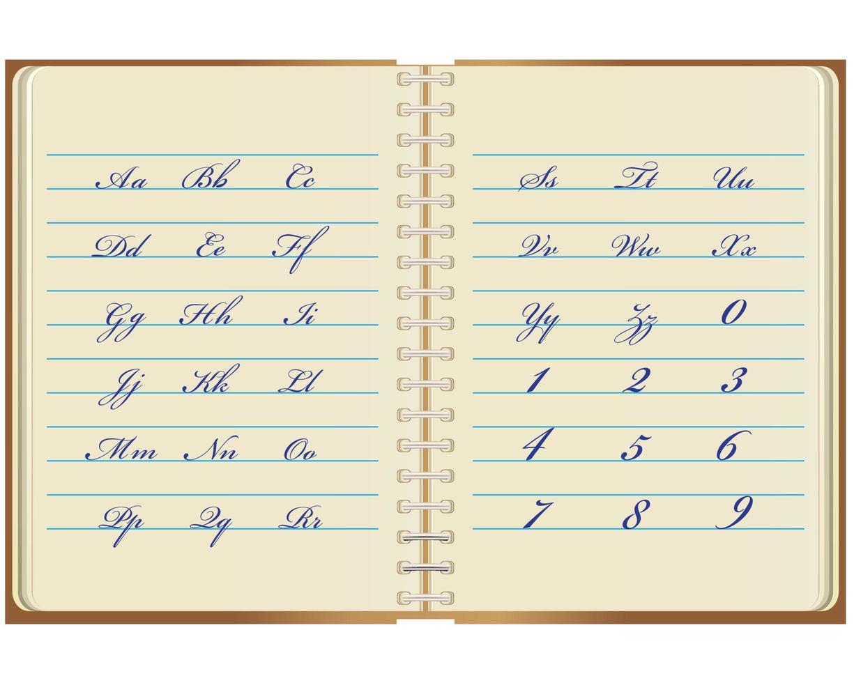 cuaderno con letras escritas del alfabeto inglés y números vector