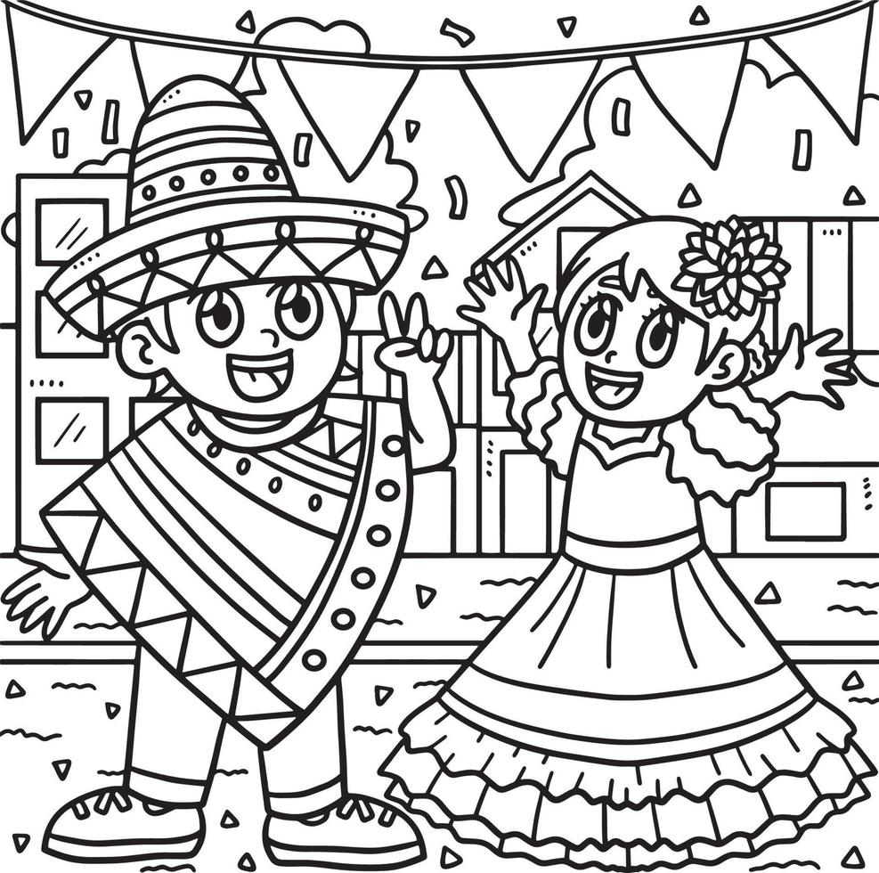 Children Celebrating Cinco de Mayo Coloring Page vector