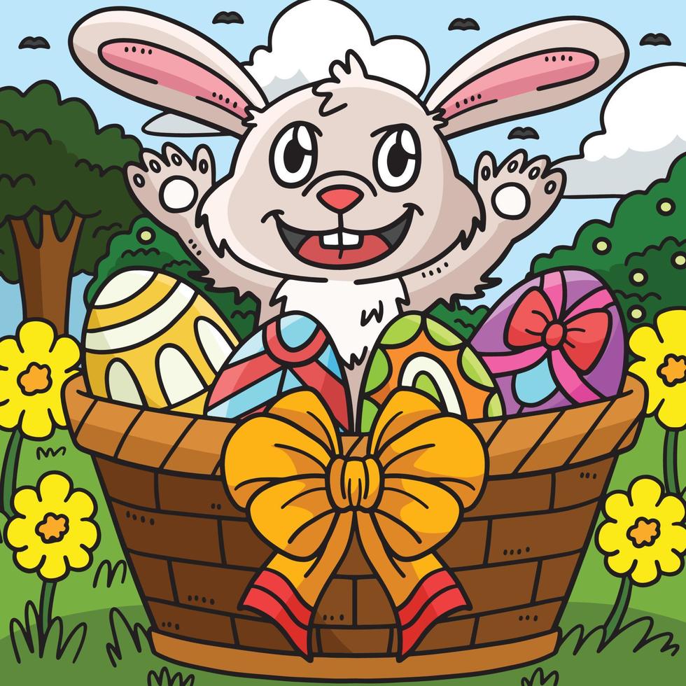 Bunny Easter Eggs in the Basket Colored Cartoon vector