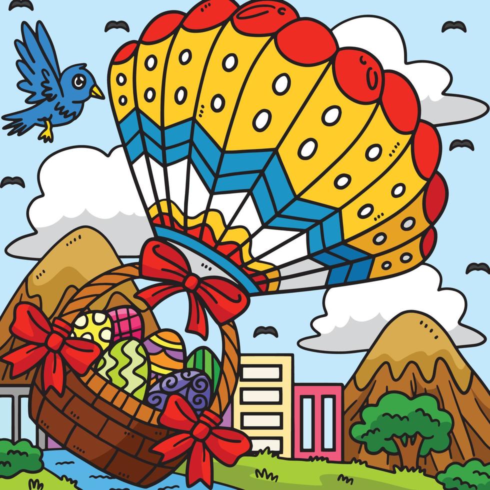Easter Eggs in Hot Air Balloon Colored Cartoon vector