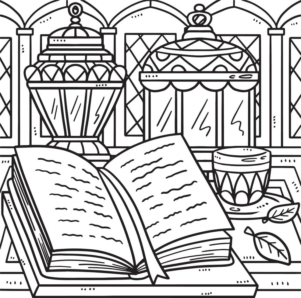 Ramadan Quran and Lanterns Coloring Page for Kids vector