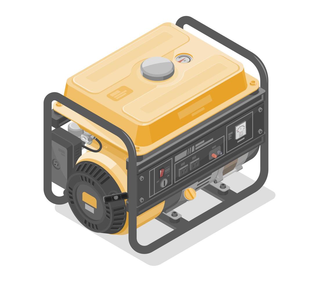 Home portable power generators engine motor isometric for industry and construction equipment yellow in white isolated vector