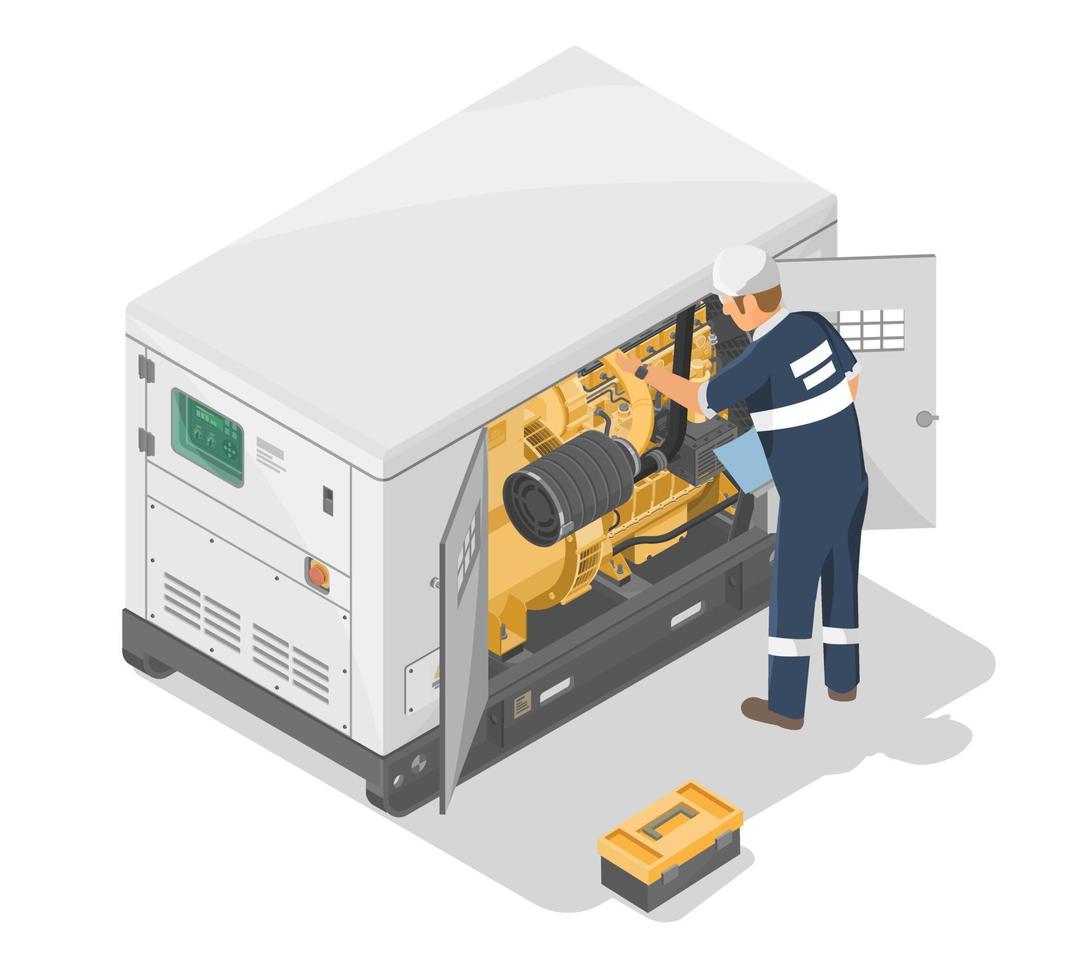 silent power generators station servicing checks list times maintenance service team engine motor isometric for industry and construction equipment yellow in white isolated vector