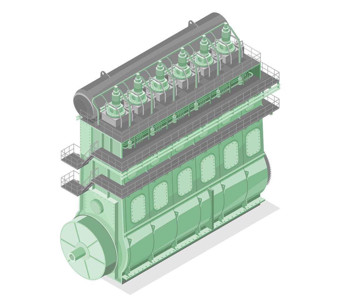 Ship marine big diesel engine motor isometric for engineering maintenance service work white isolated vector