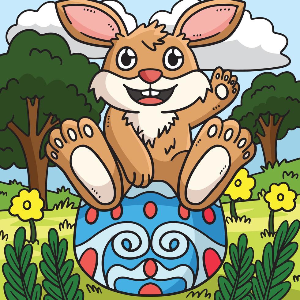 Bunny Sitting on Easter Egg Colored Cartoon vector