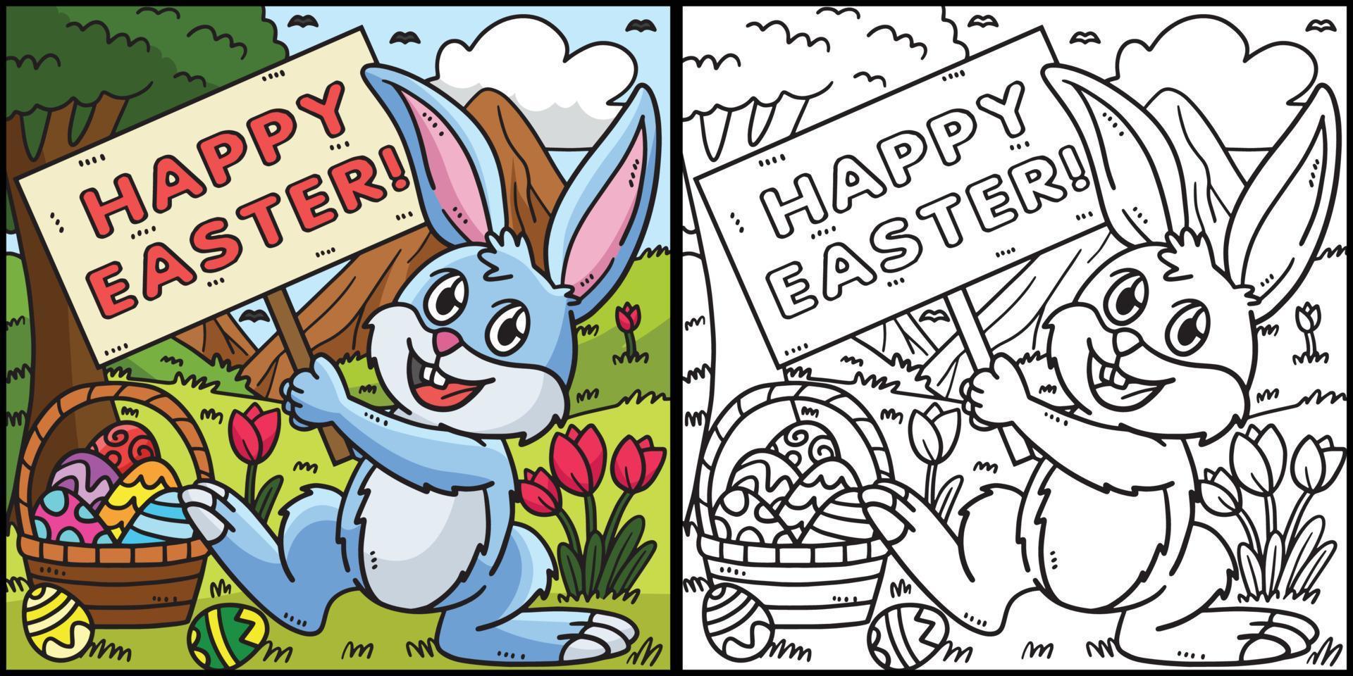 Bunny Holding Happy Easter Coloring Illustration vector