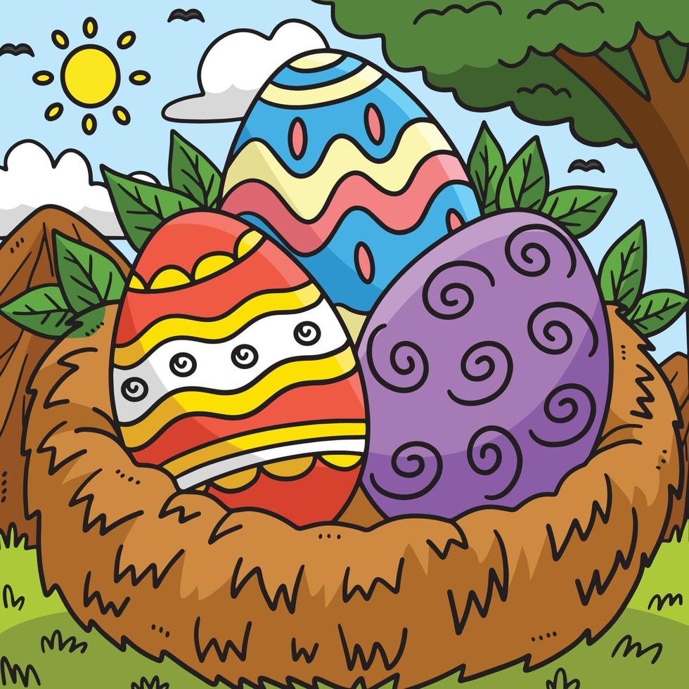 Easter Eggs in Nest Colored Cartoon Illustration vector
