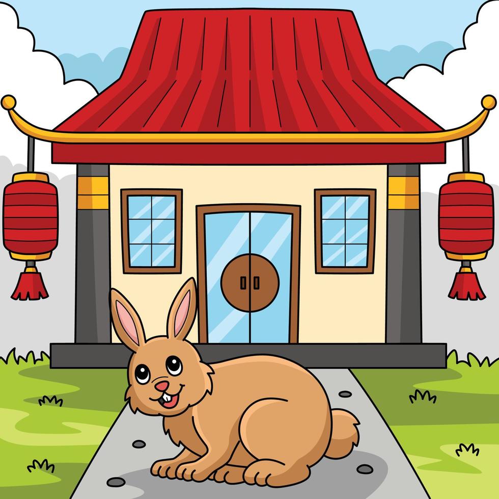 Rabbit in front of Chinese Temple Colored Cartoon vector