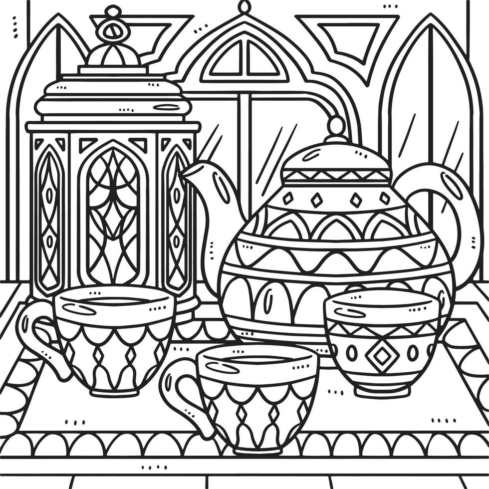 Ramadan Lantern and Tea Set Coloring Page for Kids vector