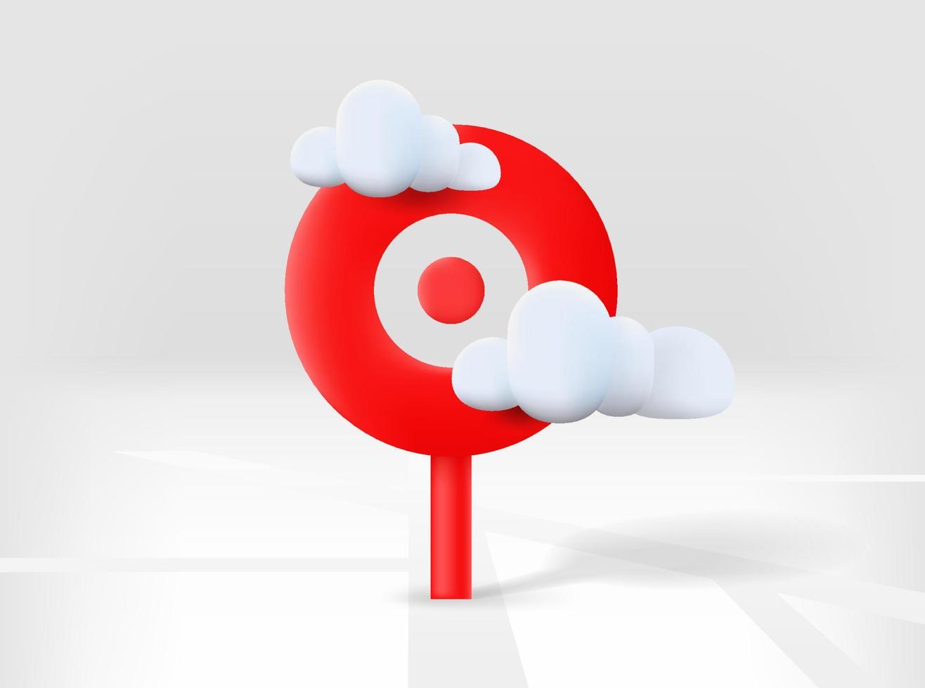 Red navigation pin with road map and clouds. 3d vector isolated illustration