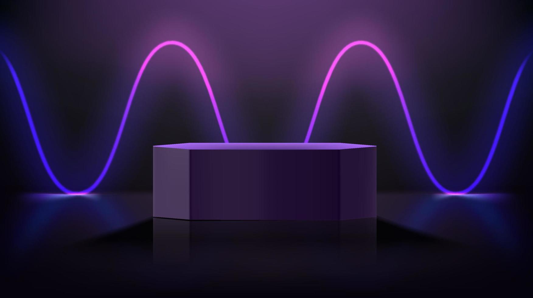 Dark room with waving glowing neon and podium. 3d vector showcase for display products