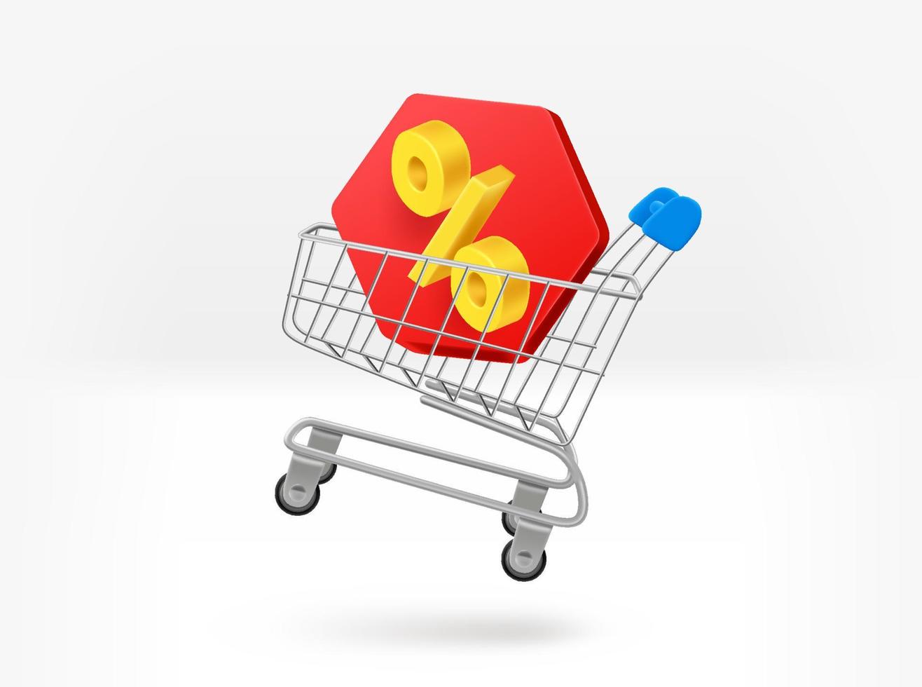 Shopping cart with percent sign. 3d vector isolated illustration