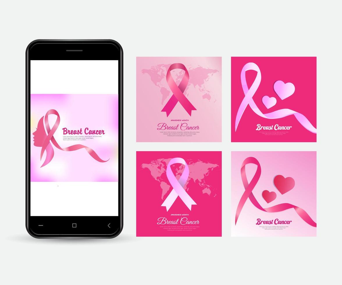 feliz colección de historias de diseño del día internacional del cáncer de mama. diseño del día del cáncer de mama con vector de cinta rosa.