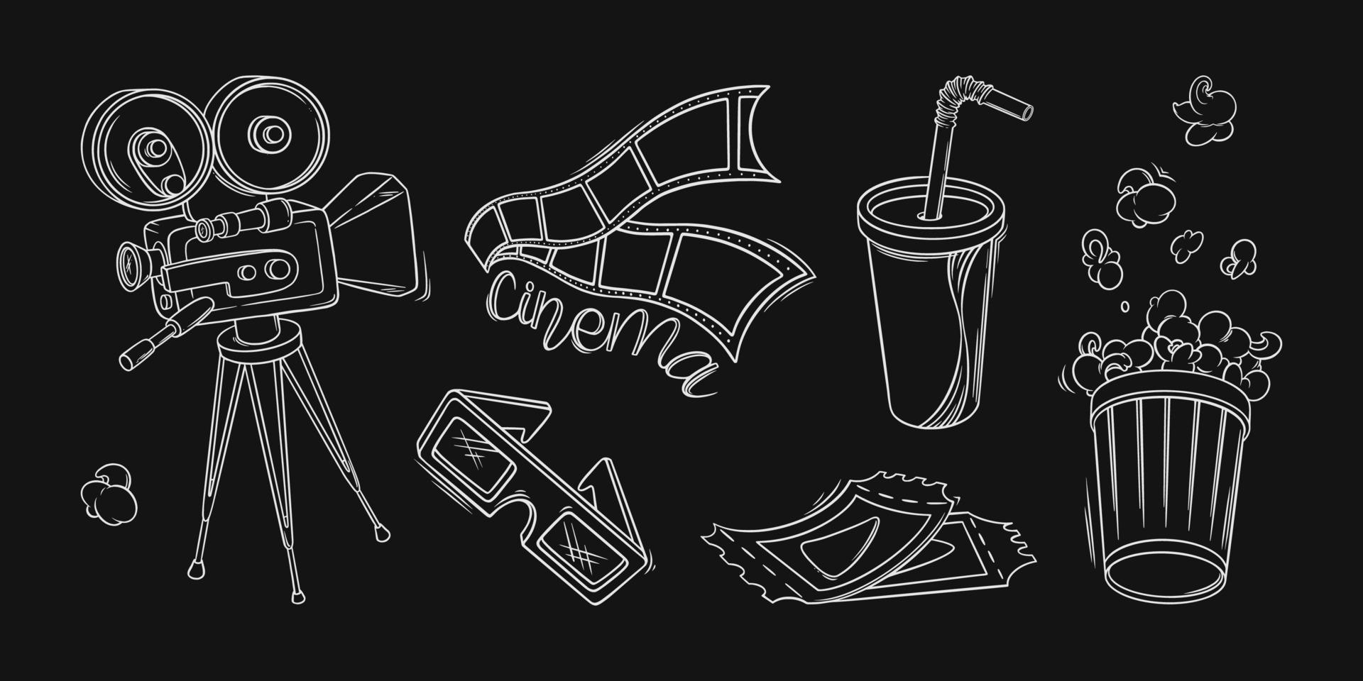 Cinema film, camera, popcorn and other objects. Cinema set in doodle style. Vector illustration