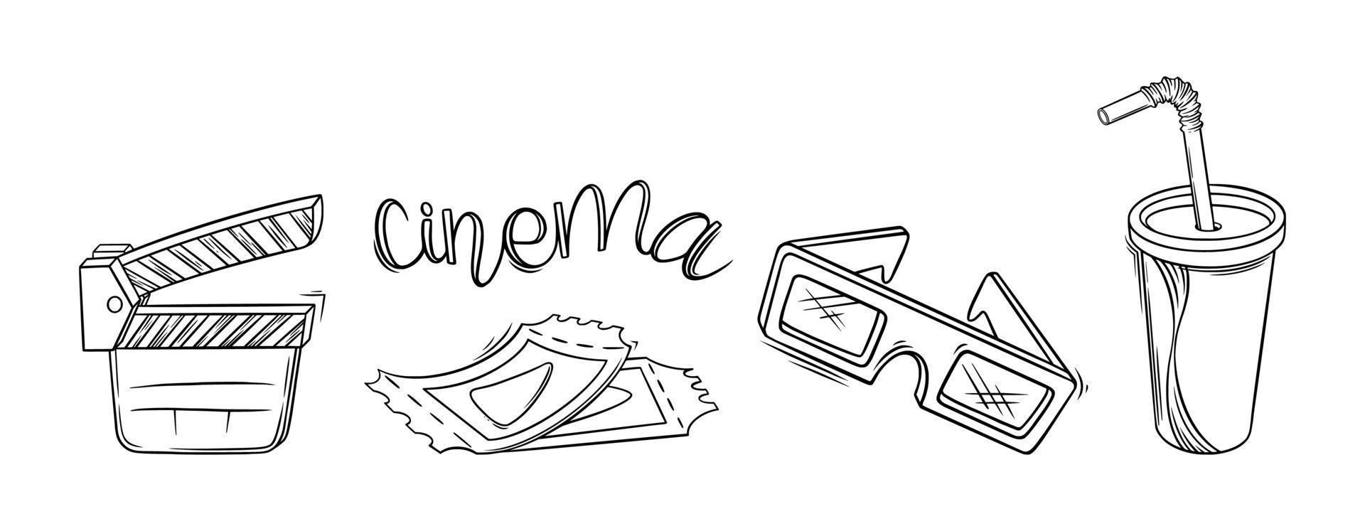 Cinema film, glasses and soda sketch. Cinema set in doodle style. Vector illustration