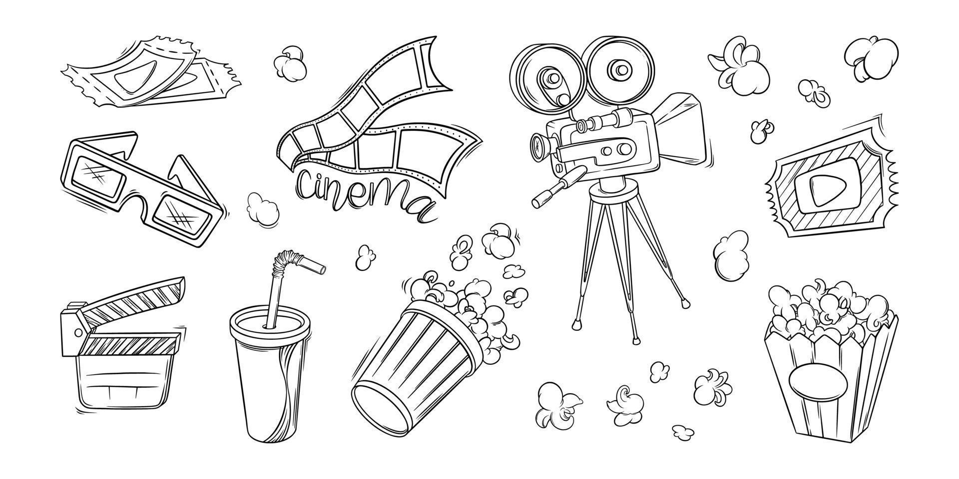 película de cine, cámara, palomitas de maíz y otros objetos. cine ambientado en estilo garabato. ilustración vectorial vector