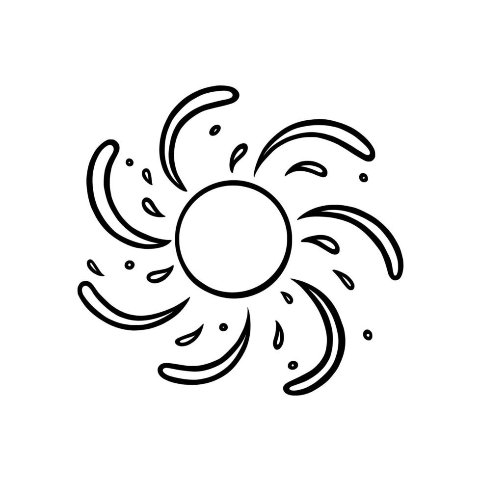 Handdrawn sun with swirling beams. Scribbled shining sun in doodle style. Black and white vector illustration