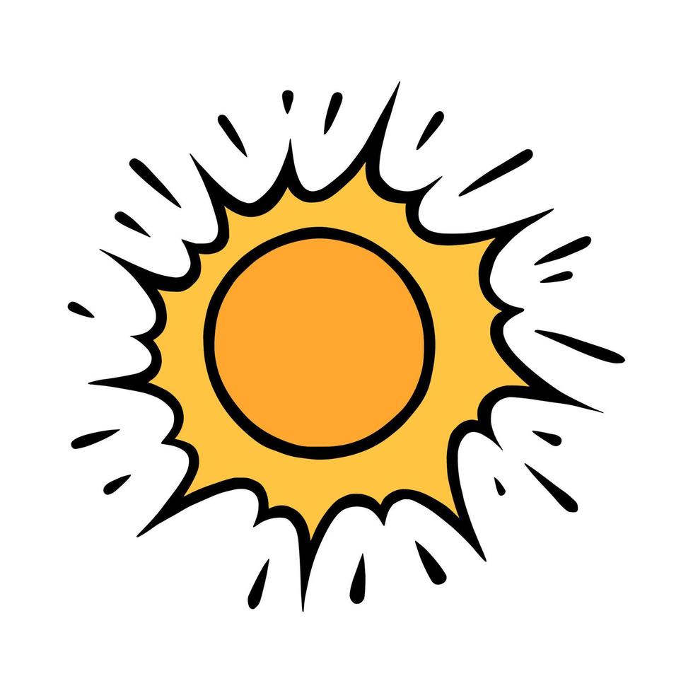 Handdrawn yellow sun. Bright shining sun with beams in doodle style