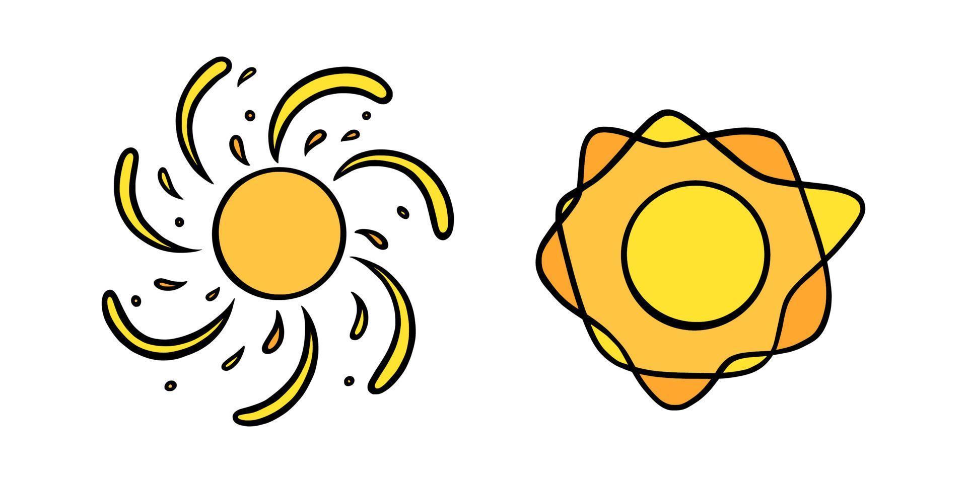 Handdrawn yellow suns set. Colorful shining suns with swirling beams in doodle style. Black and white vector illustration