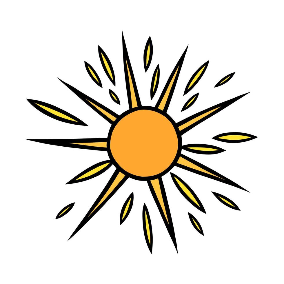 Handdrawn yellow sun. Colorful shining sun with beams in doodle style. Black and white vector illustration