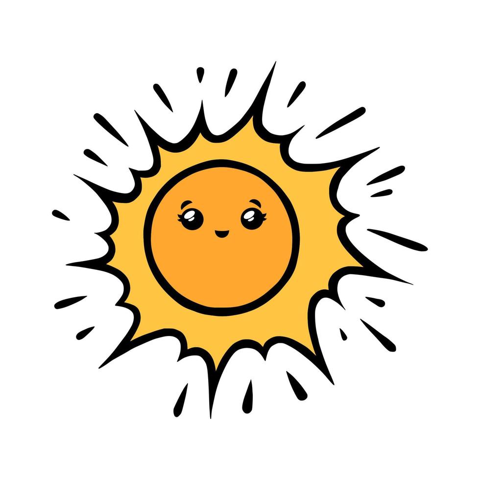 personaje divertido del sol. cara sonriente del sol kawaii en estilo garabato. ilustración vectorial en blanco y negro vector