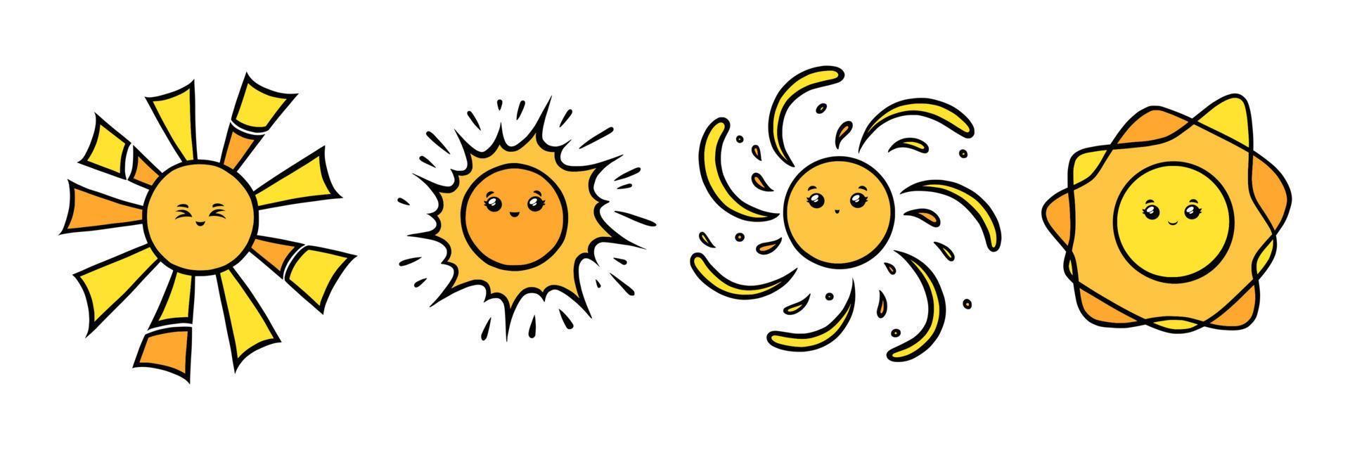 Kawaii sun characters with eyes and smiles. Yellow sun smiling faces in doodle style. Black and white vector illustration