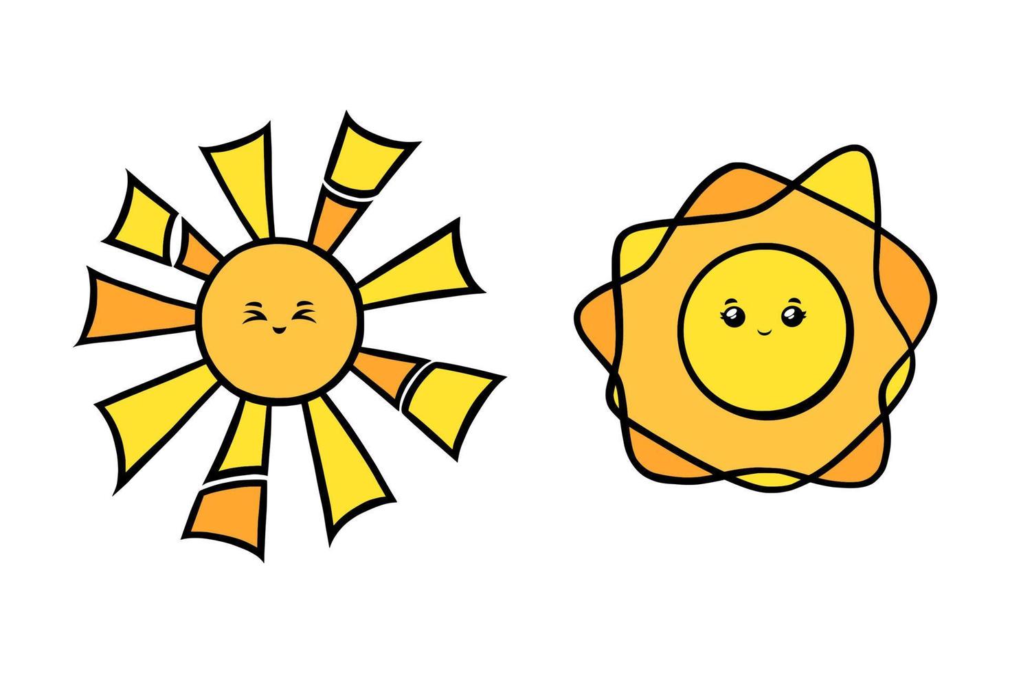 Cute suns with eyes full of joy. Yellow sun smiling faces in doodle style. Black and white vector illustration