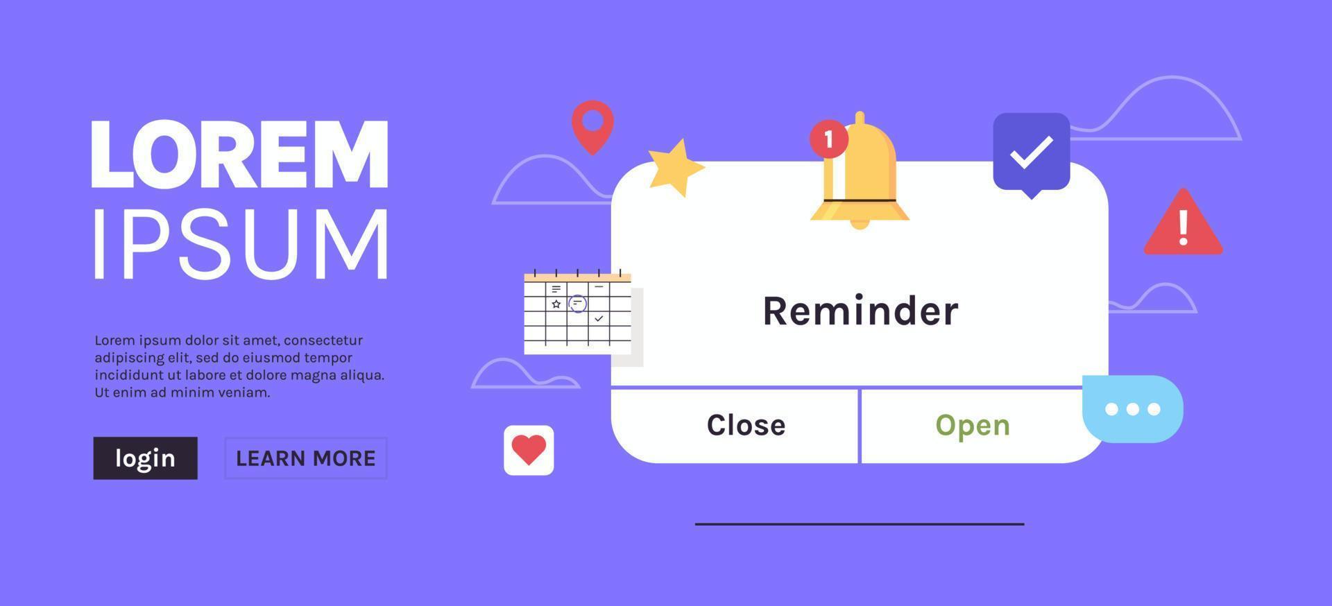 Reminder, notification page with floating elements and business planning, events, timetable flat vector illustration.